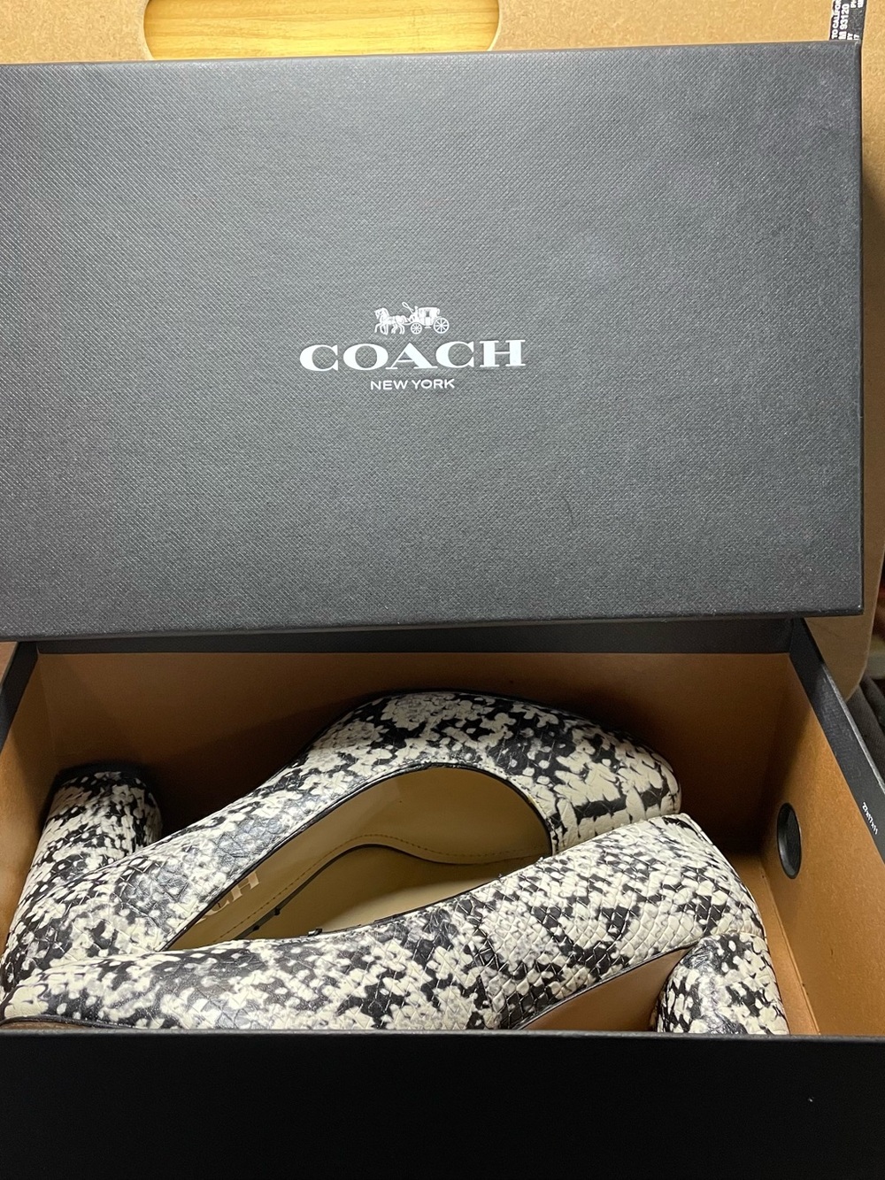 Coach Women's Black and White Snake-Print Block Heel Pumps